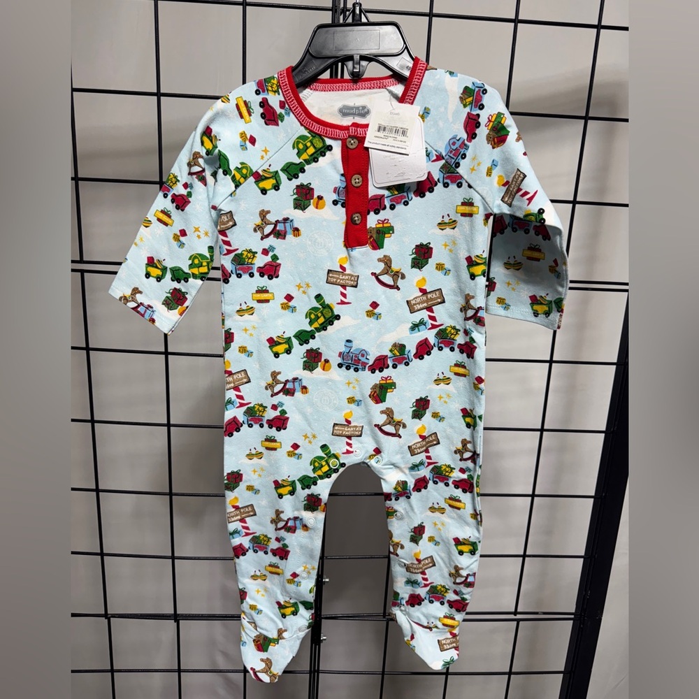 Mud Pie Christmas Train Cotton Sleeper One‎ Piece Outfit 3-6m NWT Blue Red Print